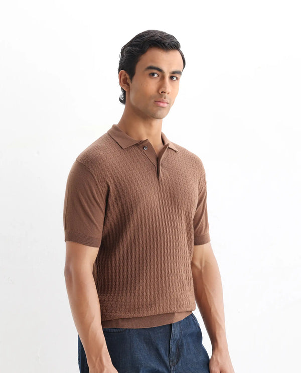 Rare Rabbit Men's Lincos Brown Cotton Fabric Collared Neck Half Sleeves Textured Polo T-Shirt