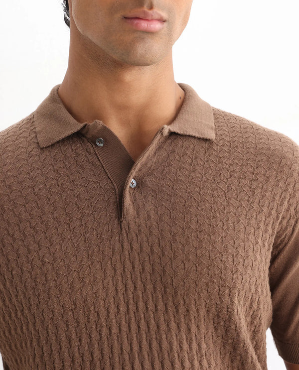 Rare Rabbit Men's Lincos Brown Cotton Fabric Collared Neck Half Sleeves Textured Polo T-Shirt