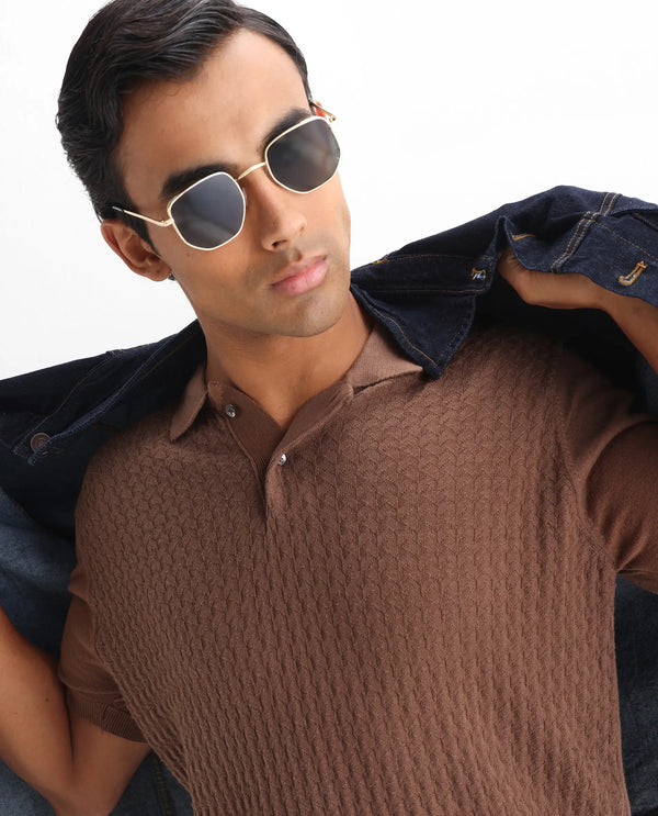 Rare Rabbit Men's Lincos Brown Cotton Fabric Collared Neck Half Sleeves Textured Polo T-Shirt