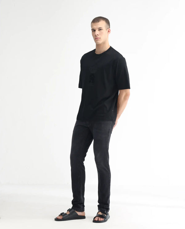 Rare Rabbit Men's Linea Black Dark Wash Mid-Rise Slim Fit Jeans