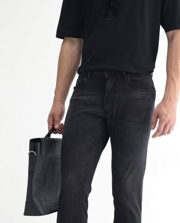 Rare Rabbit Men's Linea Black Dark Wash Mid-Rise Slim Fit Jeans