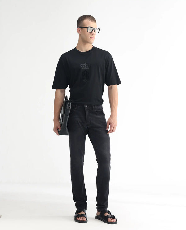 Rare Rabbit Men's Linea Black Dark Wash Mid-Rise Slim Fit Jeans