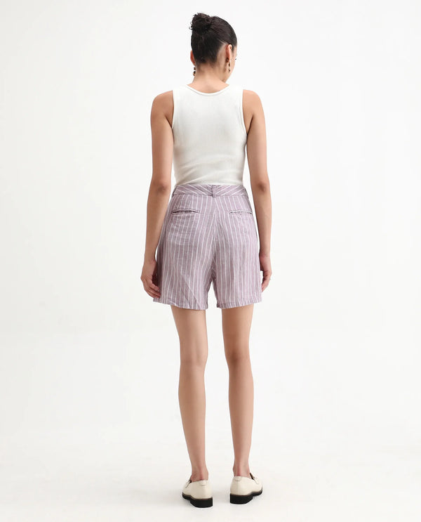 Rareism Women Liya Pastel Purple Cotton Linen Fabric Regular Fit Striped High Rise Shorts