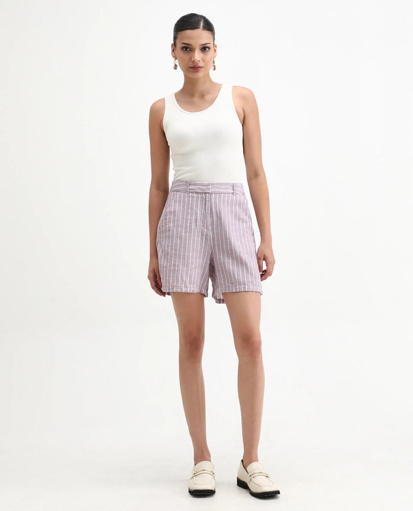 Rareism Women Liya Pastel Purple Cotton Linen Fabric Regular Fit Striped High Rise Shorts