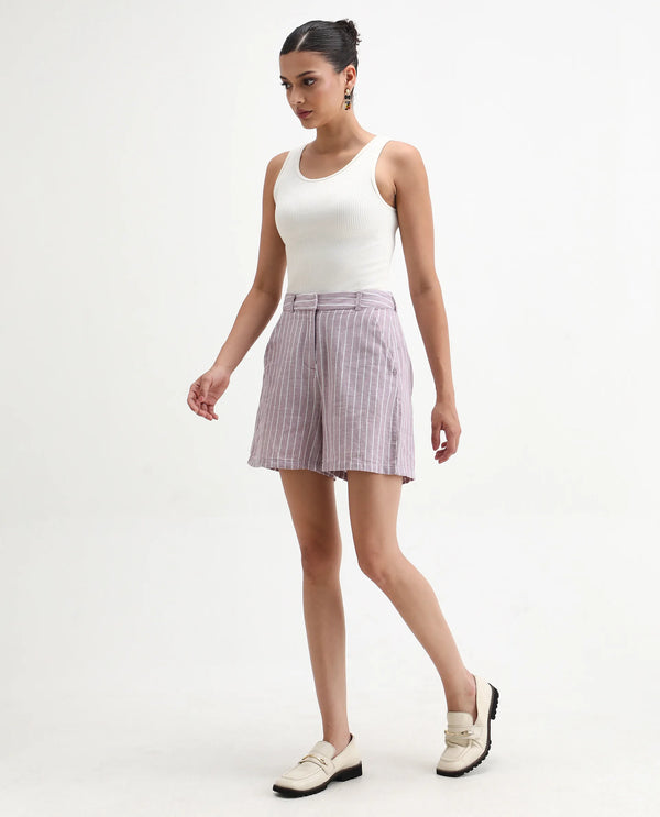 Rareism Women Liya Pastel Purple Cotton Linen Fabric Regular Fit Striped High Rise Shorts