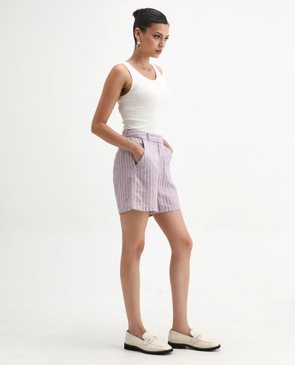 Rareism Women Liya Pastel Purple Cotton Linen Fabric Regular Fit Striped High Rise Shorts