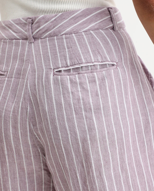 Rareism Women Liya Pastel Purple Cotton Linen Fabric Regular Fit Striped High Rise Shorts