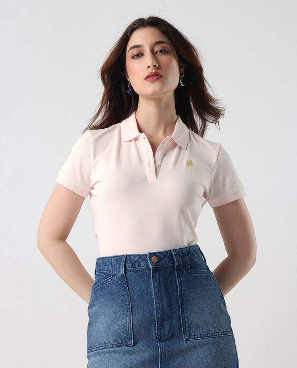 Rareism Women Logan Light Pink Cotton Lycra Fabric Short Sleeve Polo Collar Button Closure Plain Polo
