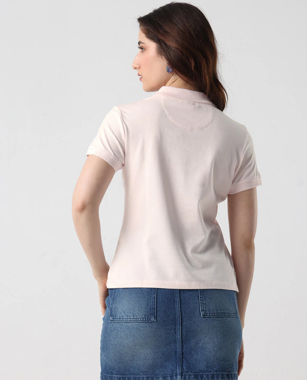 Rareism Women Logan Light Pink Cotton Lycra Fabric Short Sleeve Polo Collar Button Closure Plain Polo