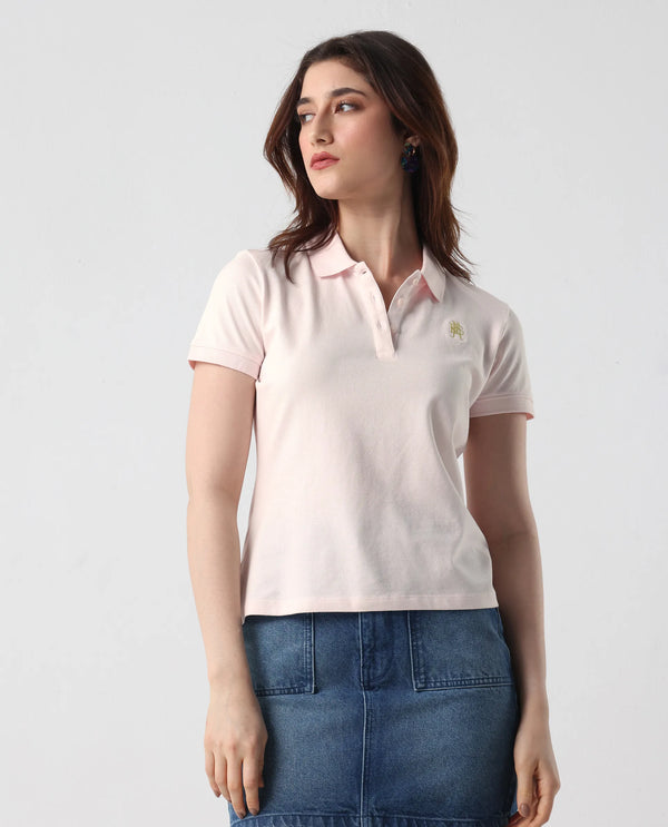 Rareism Women Logan Light Pink Cotton Lycra Fabric Short Sleeve Polo Collar Button Closure Plain Polo