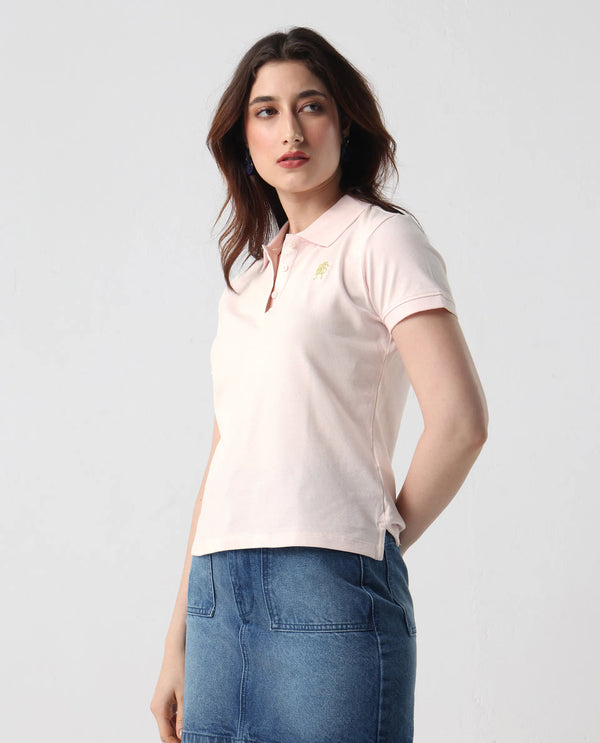 Rareism Women Logan Light Pink Cotton Lycra Fabric Short Sleeve Polo Collar Button Closure Plain Polo
