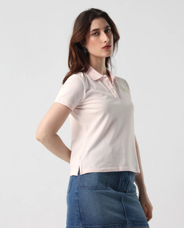 Rareism Women Logan Light Pink Cotton Lycra Fabric Short Sleeve Polo Collar Button Closure Plain Polo