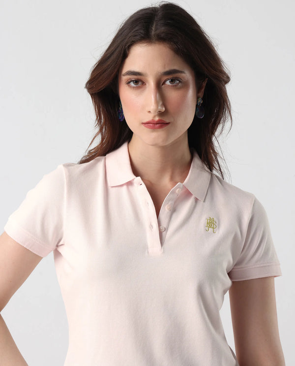 Rareism Women Logan Light Pink Cotton Lycra Fabric Short Sleeve Polo Collar Button Closure Plain Polo