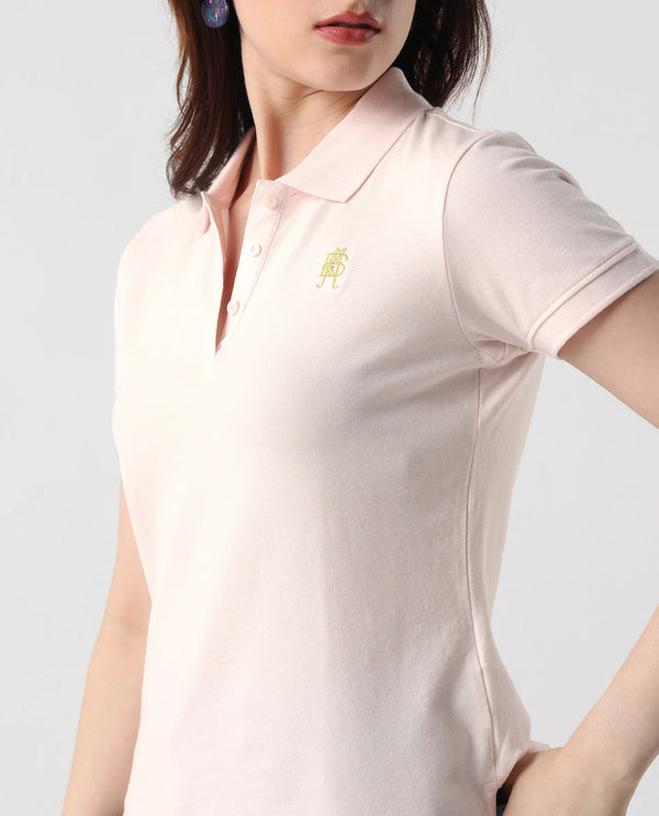 Rareism Women Logan Light Pink Cotton Lycra Fabric Short Sleeve Polo Collar Button Closure Plain Polo