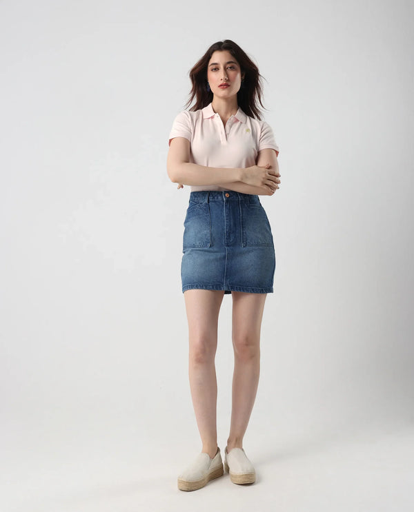 Rareism Women Logan Light Pink Cotton Lycra Fabric Short Sleeve Polo Collar Button Closure Plain Polo