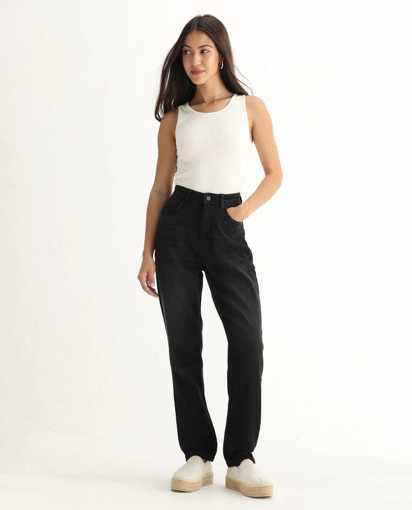 Rareism Women Loreto Black Cotton Elastane Fabric Solid Regular Length Jeans