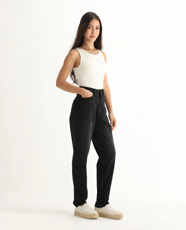 Rareism Women Loreto Black Cotton Elastane Fabric Solid Regular Length Jeans