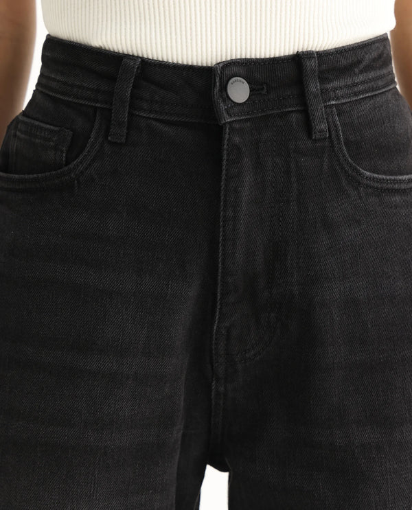 Rareism Women Loreto Black Cotton Elastane Fabric Solid Regular Length Jeans