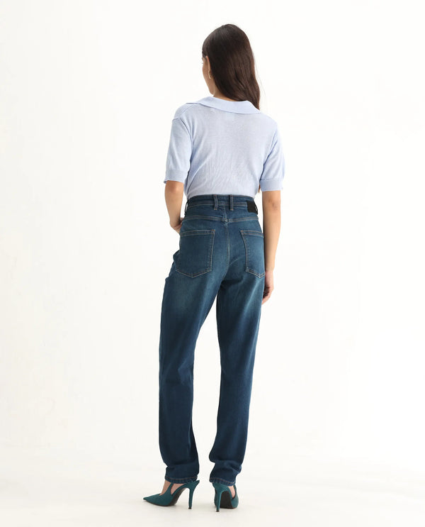 Rareism Women Loreto Blue Cotton Elastane Fabric Solid Regular Length Jeans