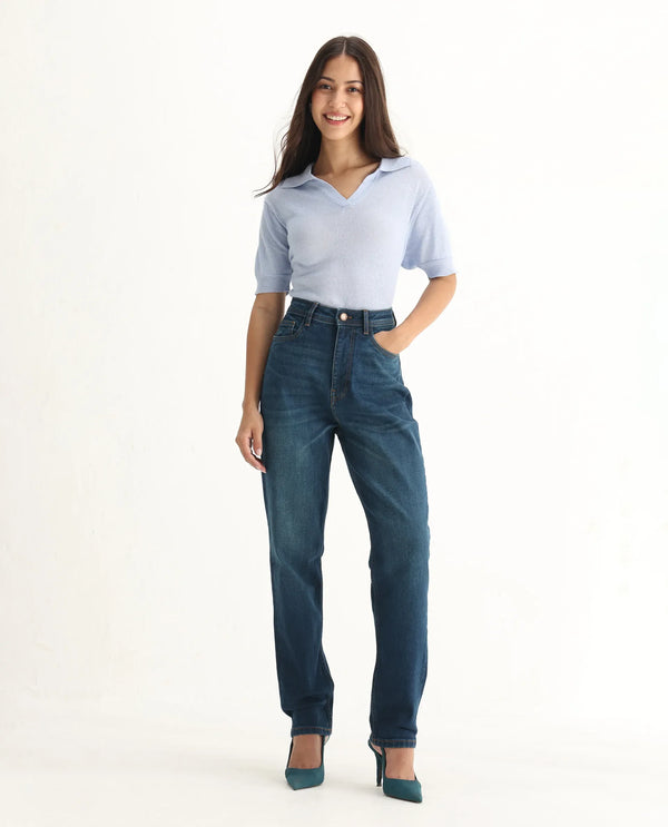 Rareism Women Loreto Blue Cotton Elastane Fabric Solid Regular Length Jeans