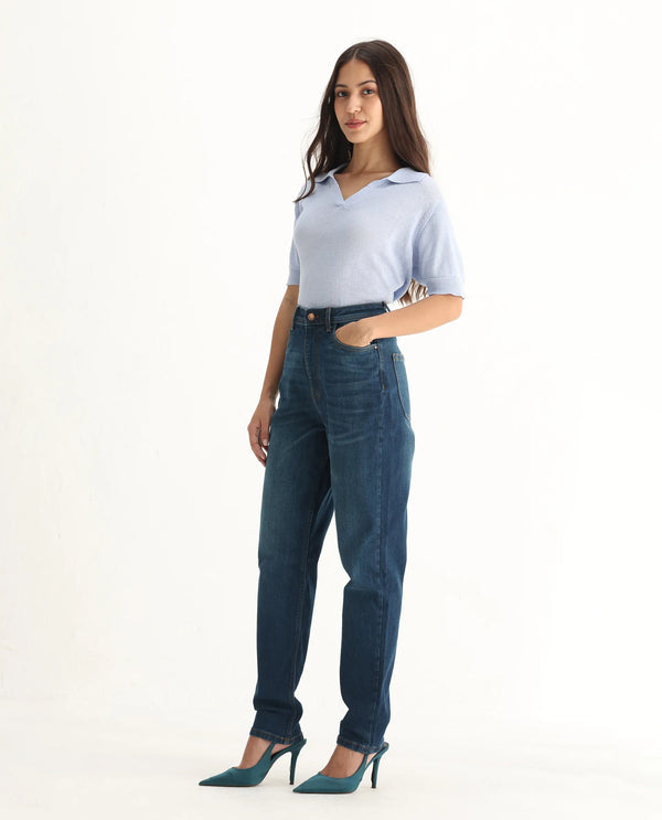 Rareism Women Loreto Blue Cotton Elastane Fabric Solid Regular Length Jeans