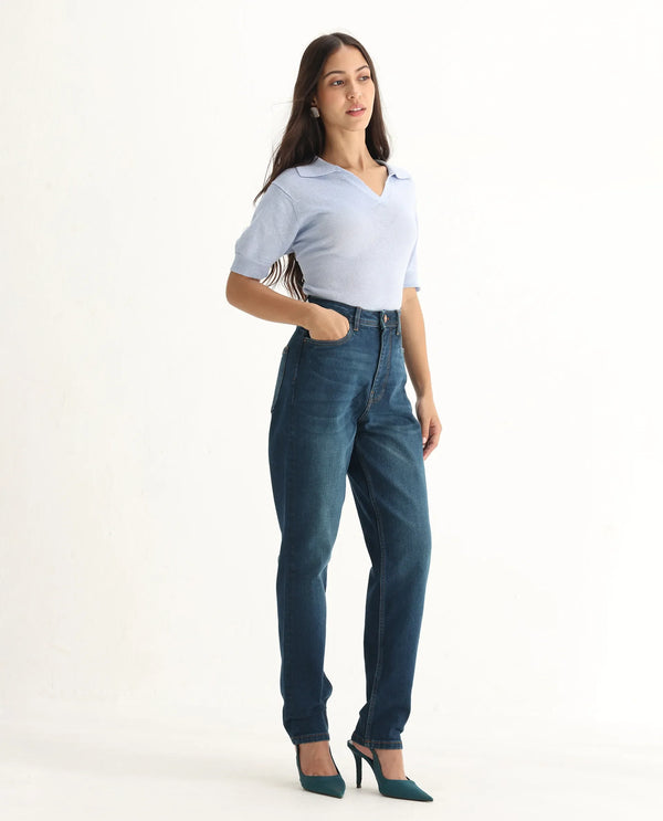 Rareism Women Loreto Blue Cotton Elastane Fabric Solid Regular Length Jeans