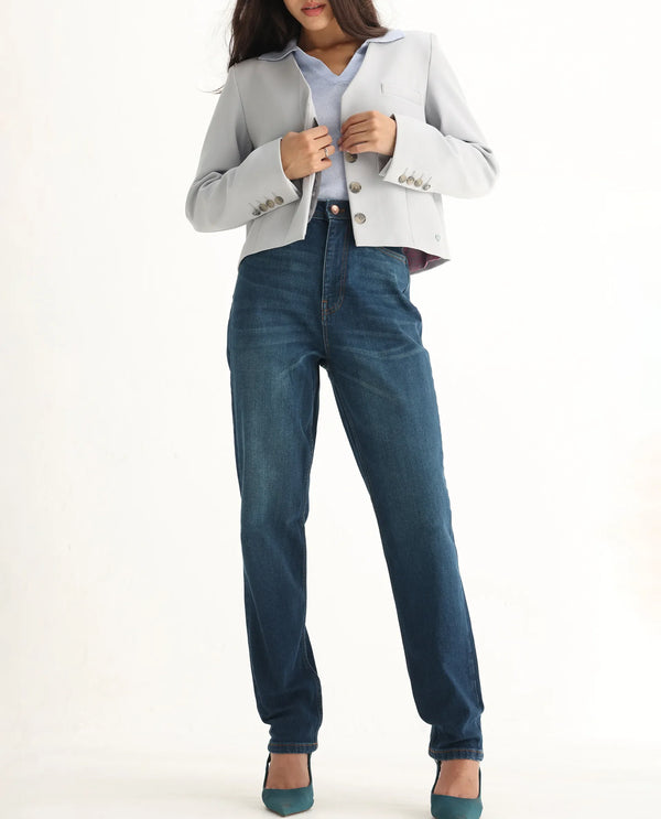 Rareism Women Loreto Blue Cotton Elastane Fabric Solid Regular Length Jeans