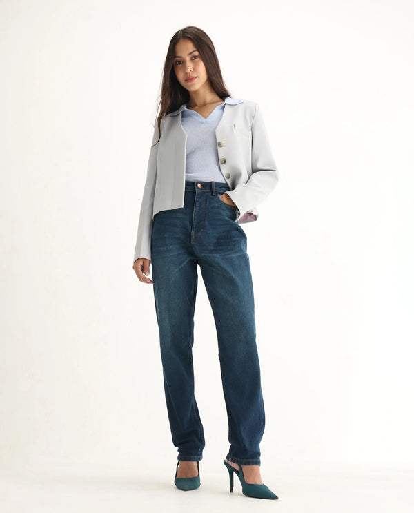 Rareism Women Loreto Blue Cotton Elastane Fabric Solid Regular Length Jeans