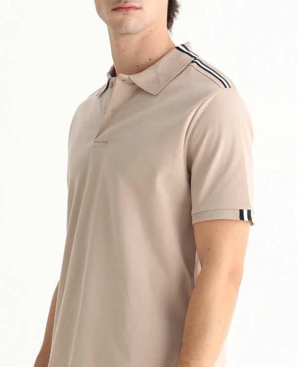 Rare Rabbit Men Loui Beige Cotton Fabric Striped Short Sleeve and Collar Neck Plain Polo