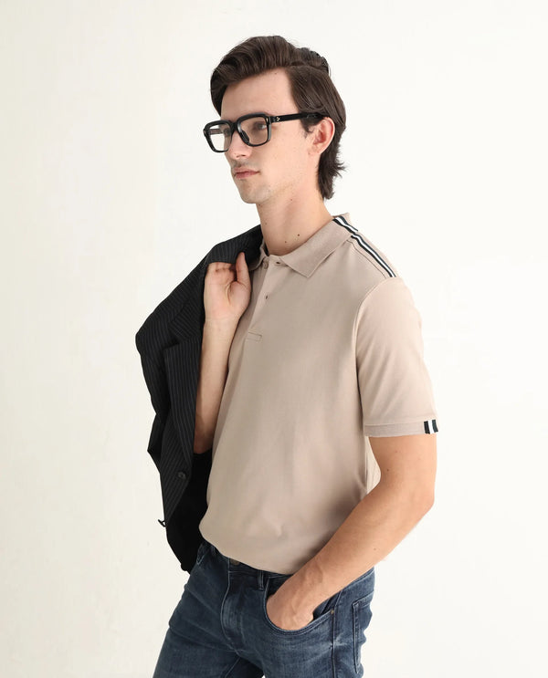 Rare Rabbit Men Loui Beige Cotton Fabric Striped Short Sleeve and Collar Neck Plain Polo