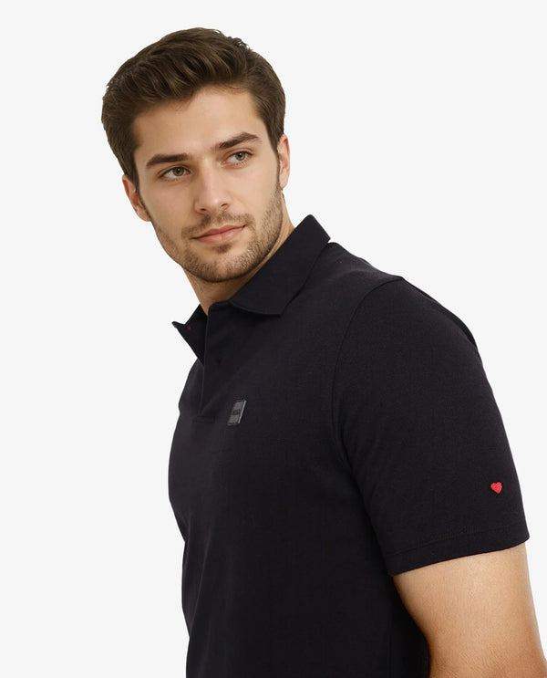 Rare Rabbit Men Lov Black Cotton Fabric Short Sleeve I love You Embroidered Regular Collar Plain Polo