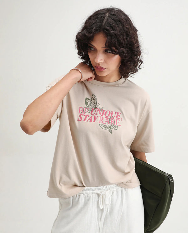 Rareism Women Lowe Beige Cotton Blend Fabric Short Sleeve Crew Neck Regular Fit Graphic Print T-Shirt