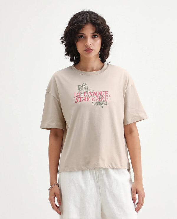 Rareism Women Lowe Beige Cotton Blend Fabric Short Sleeve Crew Neck Regular Fit Graphic Print T-Shirt