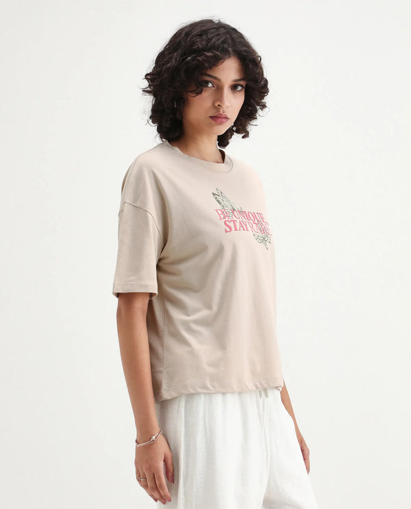 Rareism Women Lowe Beige Cotton Blend Fabric Short Sleeve Crew Neck Regular Fit Graphic Print T-Shirt