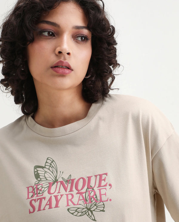 Rareism Women Lowe Beige Cotton Blend Fabric Short Sleeve Crew Neck Regular Fit Graphic Print T-Shirt