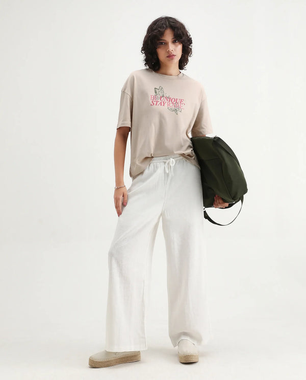Rareism Women Lowe Beige Cotton Blend Fabric Short Sleeve Crew Neck Regular Fit Graphic Print T-Shirt
