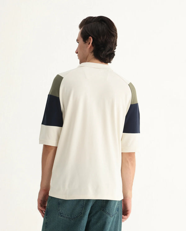 Rare Rabbit Men Lucid Off White Cotton Lycra Fabric Short Sleeve Collared Neck Button Closure Cut and SewCUT AND SEW COLOUR BLOCK POLO Polo
