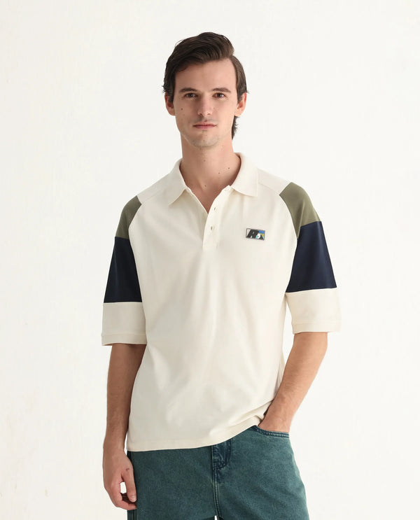 Rare Rabbit Men Lucid Off White Cotton Lycra Fabric Short Sleeve Collared Neck Button Closure Cut and SewCUT AND SEW COLOUR BLOCK POLO Polo