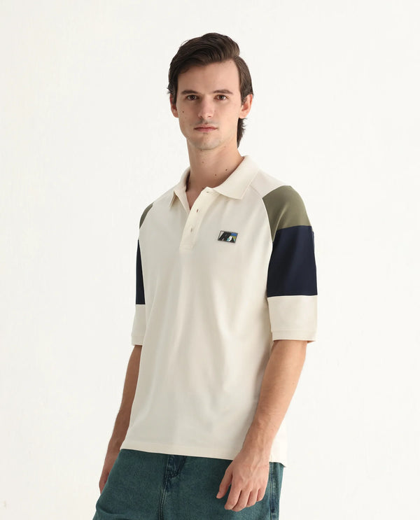 Rare Rabbit Men Lucid Off White Cotton Lycra Fabric Short Sleeve Collared Neck Button Closure Cut and SewCUT AND SEW COLOUR BLOCK POLO Polo