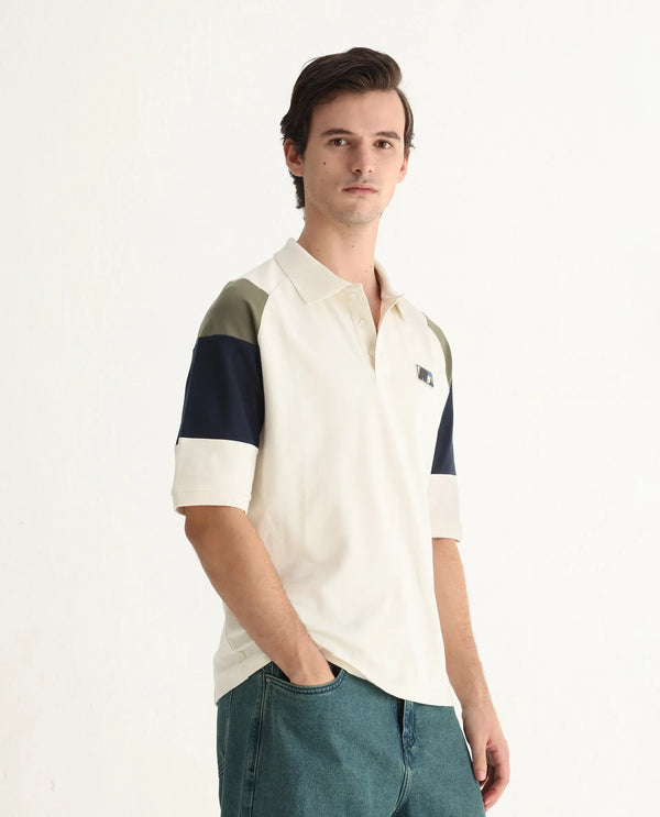 Rare Rabbit Men Lucid Off White Cotton Lycra Fabric Short Sleeve Collared Neck Button Closure Cut and SewCUT AND SEW COLOUR BLOCK POLO Polo