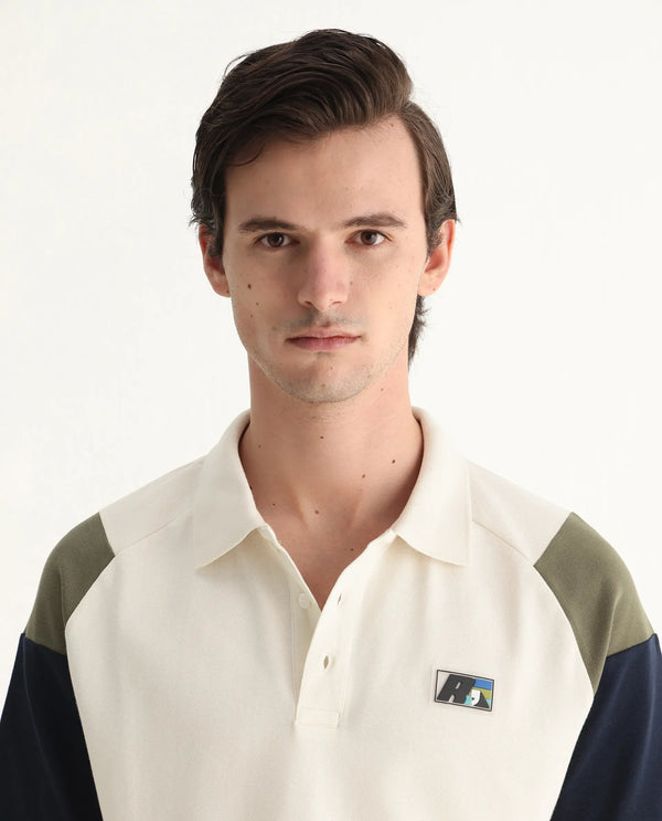 Rare Rabbit Men Lucid Off White Cotton Lycra Fabric Short Sleeve Collared Neck Button Closure Cut and SewCUT AND SEW COLOUR BLOCK POLO Polo