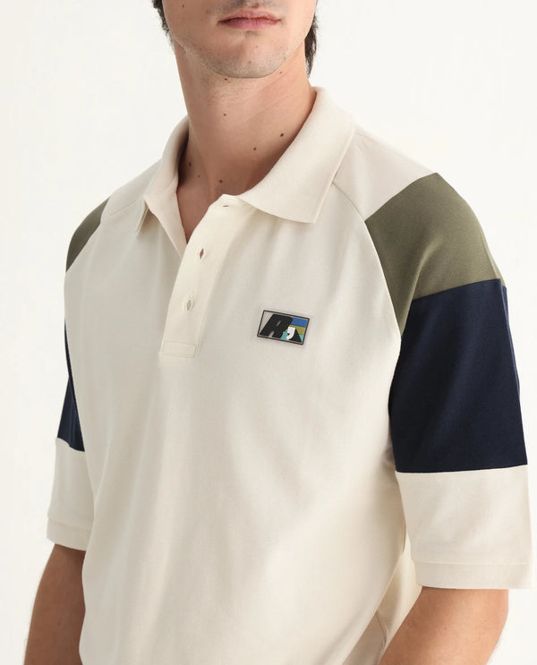 Rare Rabbit Men Lucid Off White Cotton Lycra Fabric Short Sleeve Collared Neck Button Closure Cut and SewCUT AND SEW COLOUR BLOCK POLO Polo