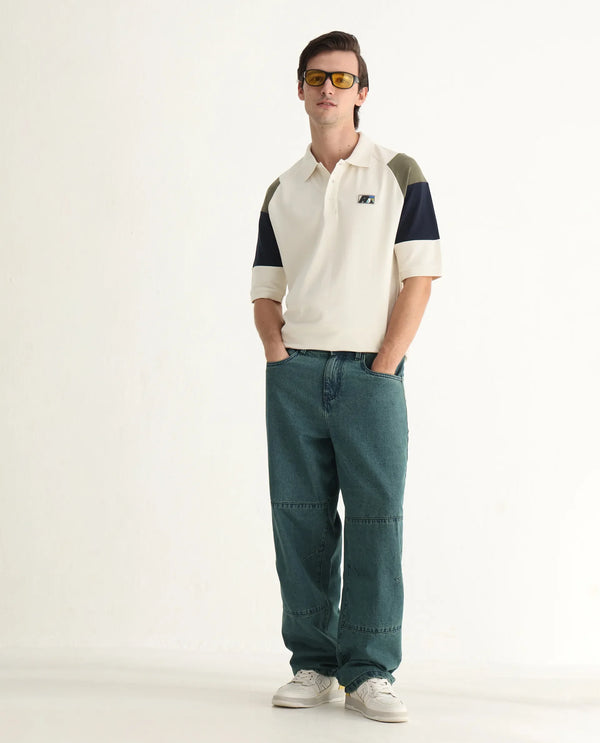 Rare Rabbit Men Lucid Off White Cotton Lycra Fabric Short Sleeve Collared Neck Button Closure Cut and SewCUT AND SEW COLOUR BLOCK POLO Polo