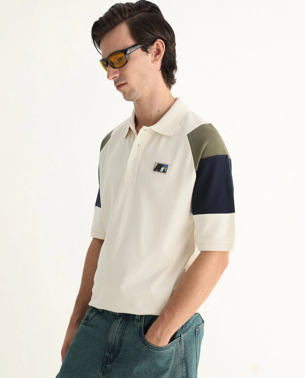 Rare Rabbit Men Lucid Off White Cotton Lycra Fabric Short Sleeve Collared Neck Button Closure Cut and SewCUT AND SEW COLOUR BLOCK POLO Polo