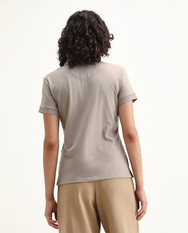 Rareism Women Lugano Dusky Brown Cotton Poly Fabric Short Sleeve Polo Collar Button Closure Plain Polo