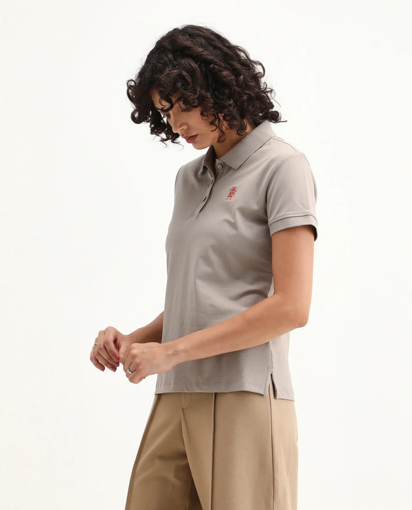Rareism Women Lugano Dusky Brown Cotton Poly Fabric Short Sleeve Polo Collar Button Closure Plain Polo