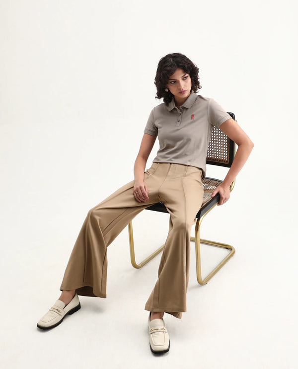 Rareism Women Lugano Dusky Brown Cotton Poly Fabric Short Sleeve Polo Collar Button Closure Plain Polo