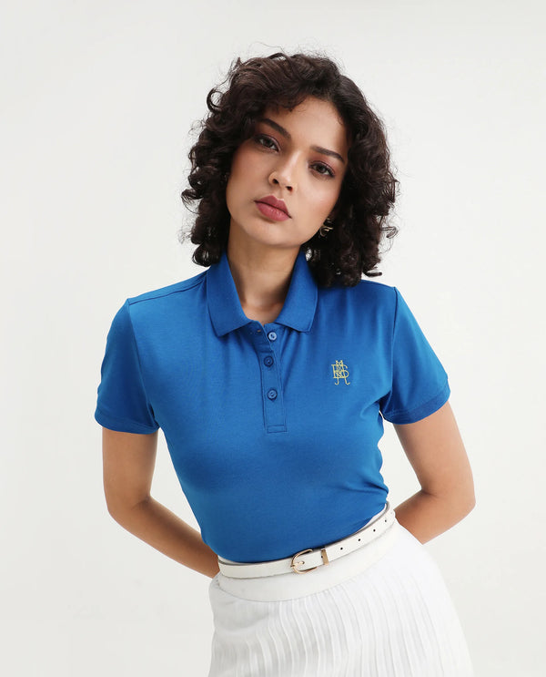Rareism Women Lugano Blue Cotton Poly Fabric Short Sleeve Polo Collar Button Closure Plain Polo