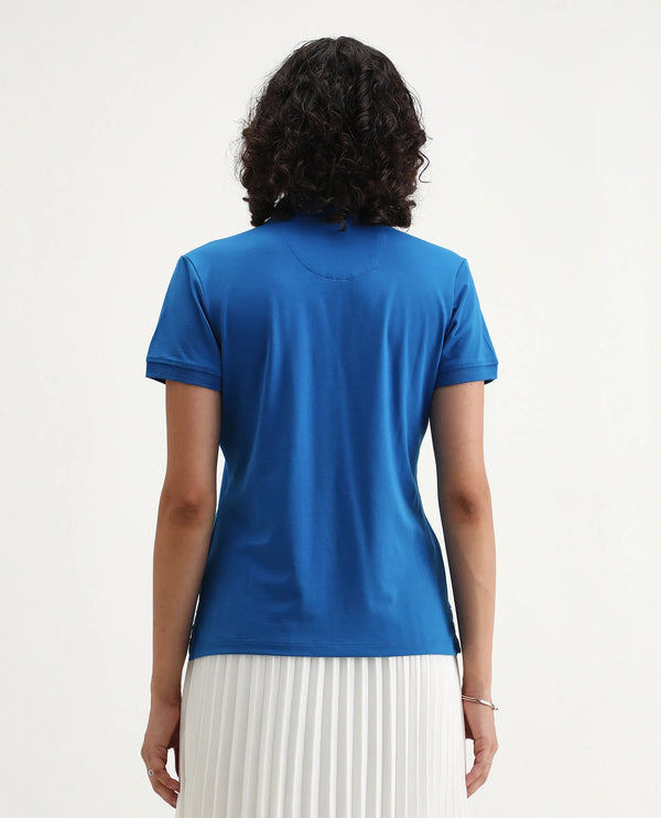 Rareism Women Lugano Blue Cotton Poly Fabric Short Sleeve Polo Collar Button Closure Plain Polo