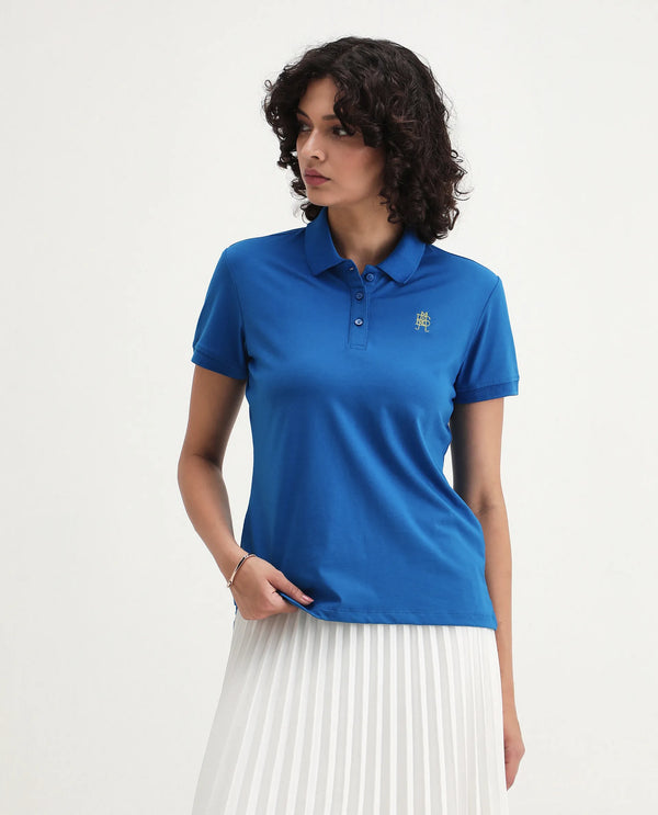 Rareism Women Lugano Blue Cotton Poly Fabric Short Sleeve Polo Collar Button Closure Plain Polo